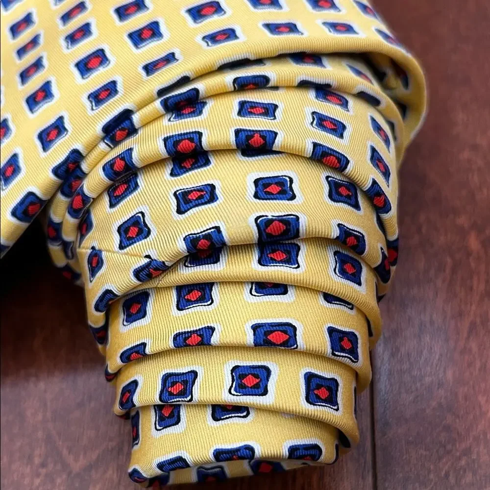 Lauren, Ralph Lauren Geometric Yellow Red White and Blue Tie, 100% Silk